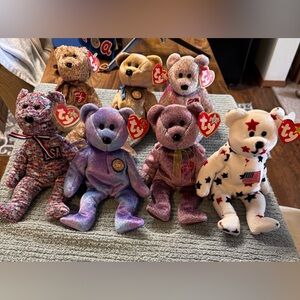 7 Ty Beanie Babies Plush Bears - Purple, Brown, White